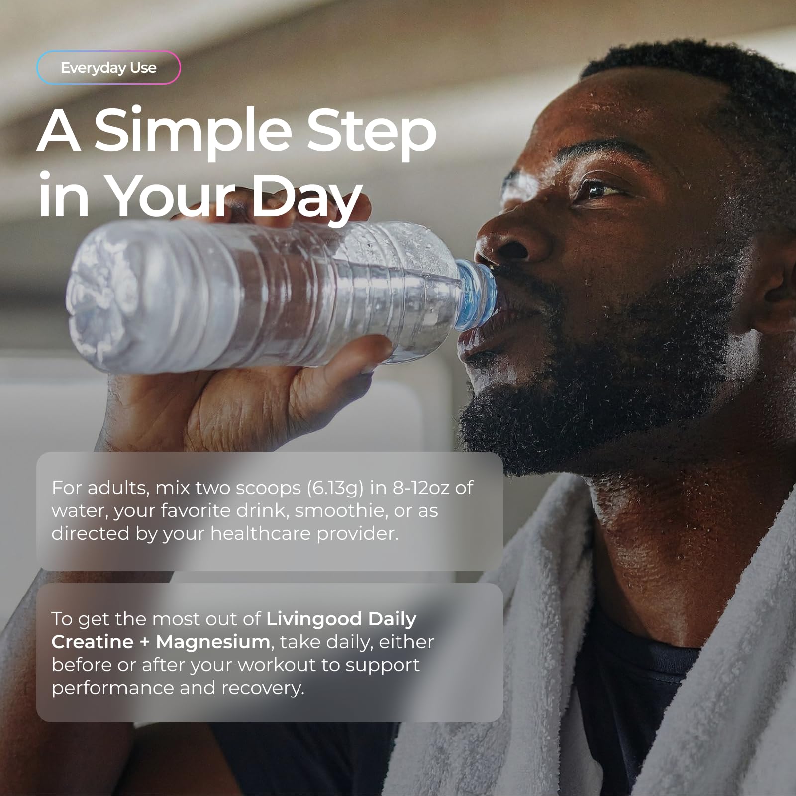 Livingood Daily Creatine Magnesium Powder scoop-use demonstrates simple dose measurement.