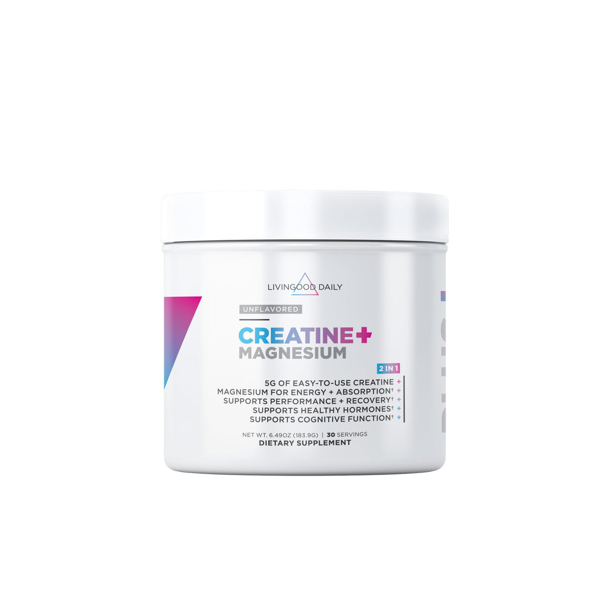 Livingood Daily Creatine Magnesium Powder unflavored tub supports daily energy and balanced performance.