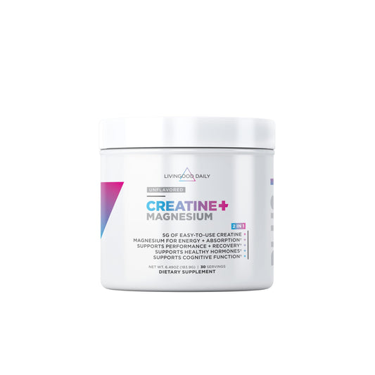 Livingood Daily Creatine Magnesium Powder unflavored tub supports daily energy and balanced performance.