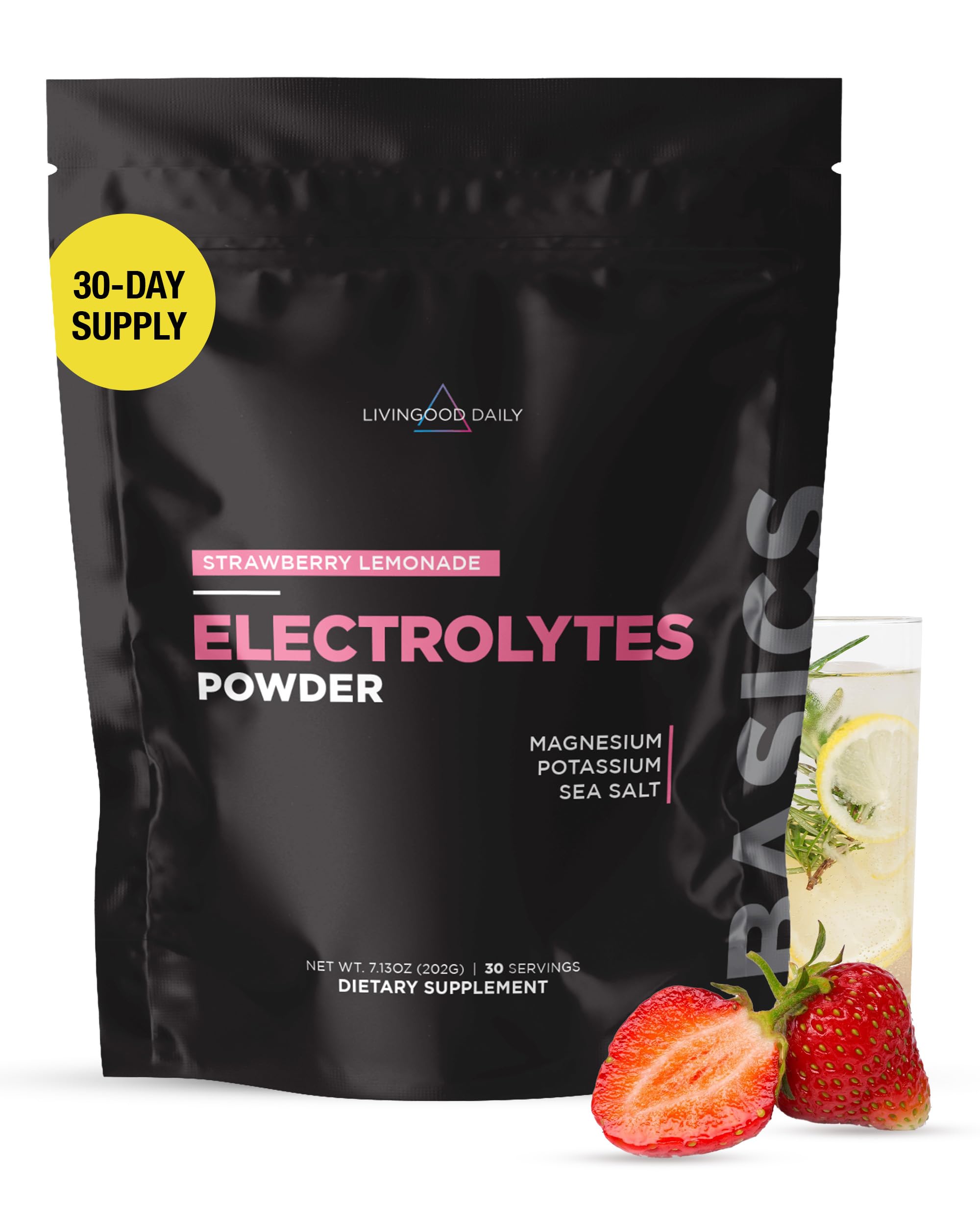 Livingood Daily Electrolytes powder bottle front for daily hydration.