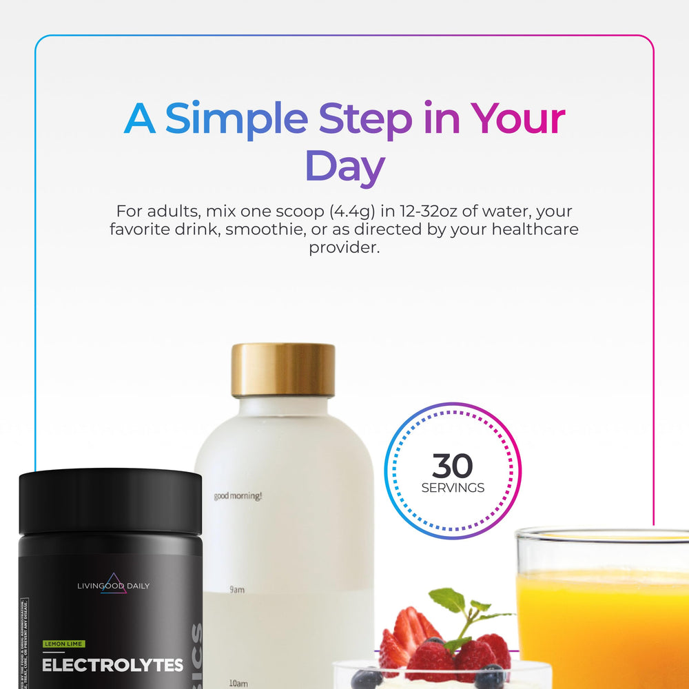 Livingood Daily electrolytes powder lemon lime label close-up showing ingredients