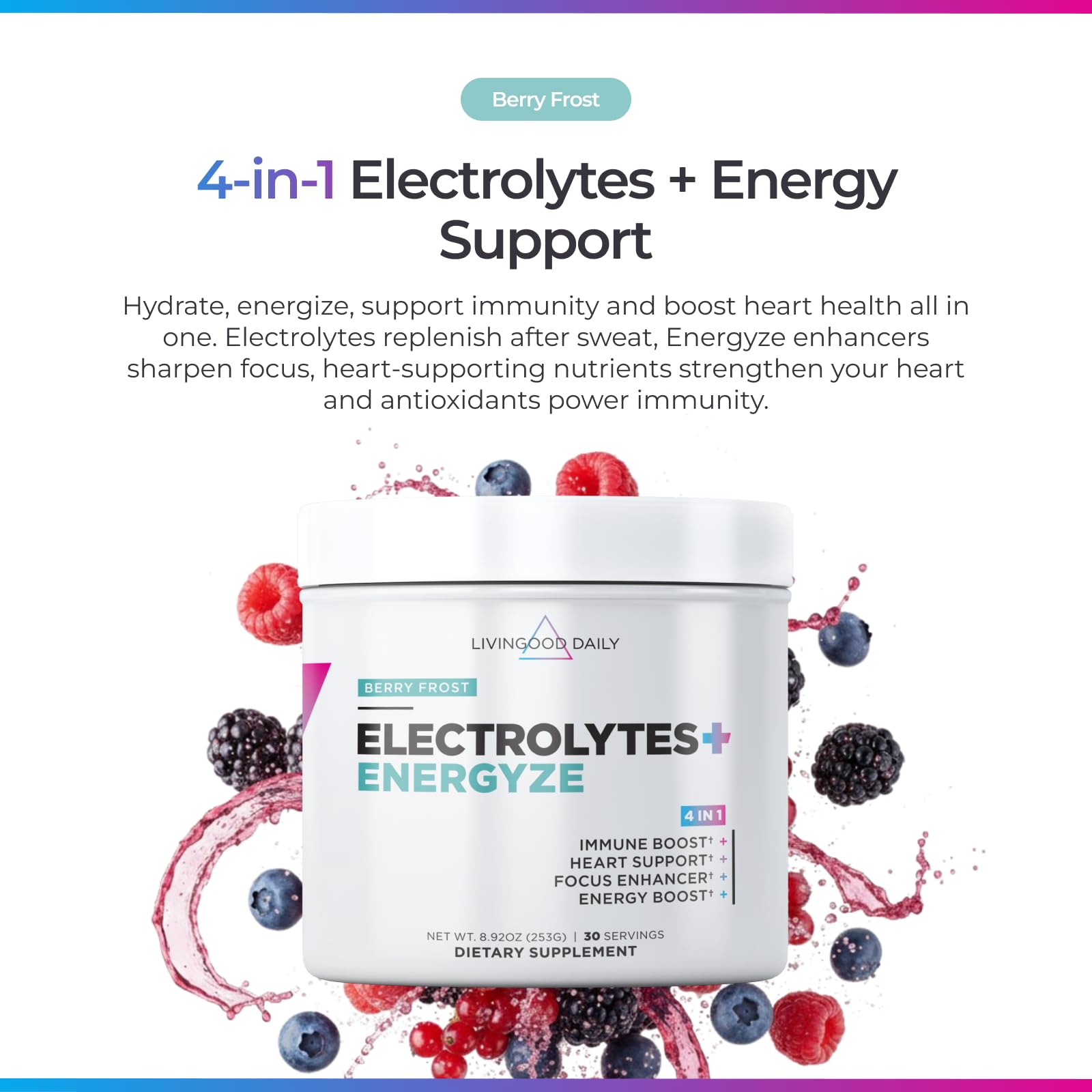 Livingood Daily Electrolytes scoop dissolving into water for easy hydration.