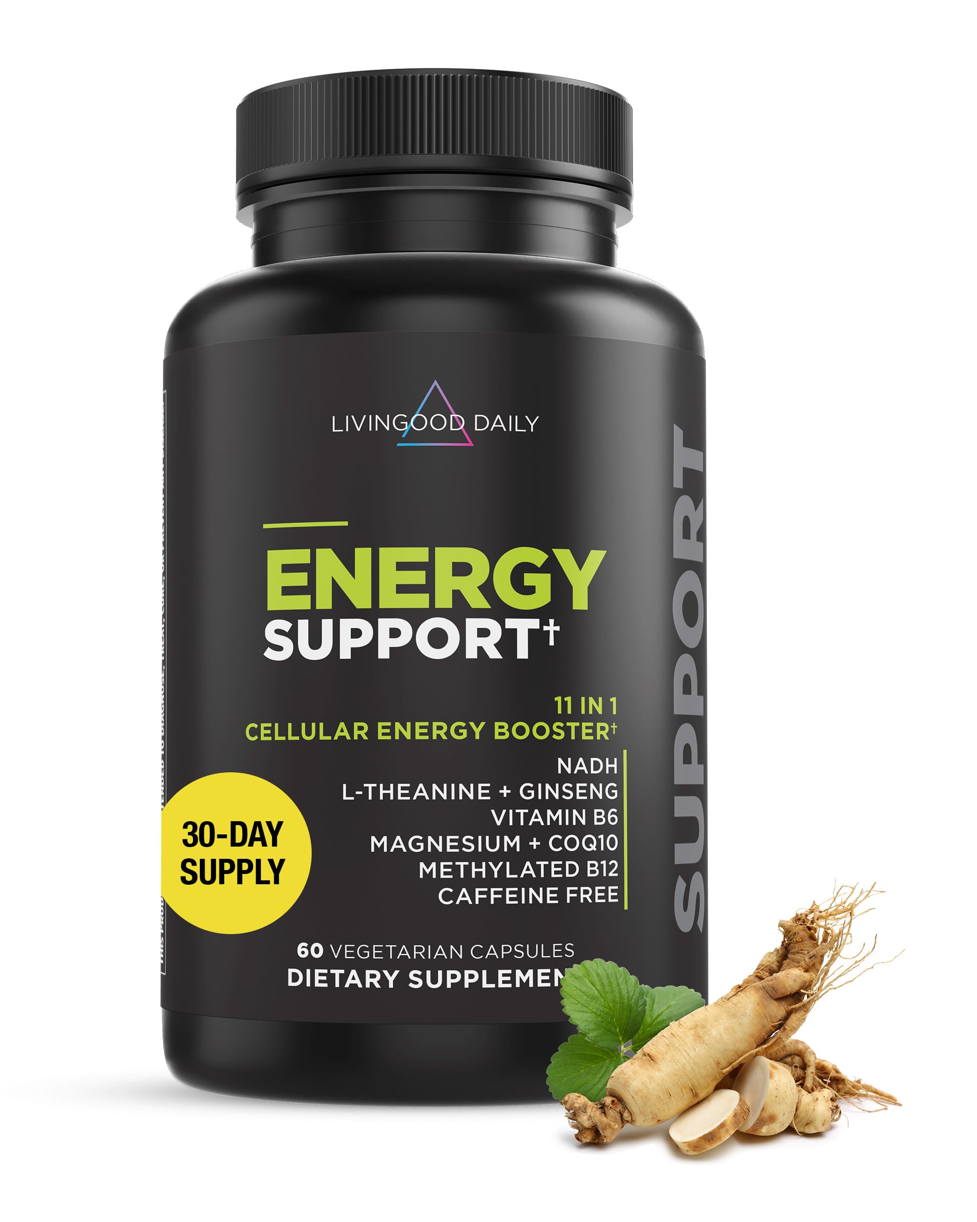 Livingood Daily Energy Support bottle on a desk, signaling steady daytime energy.