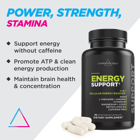 Livingood Daily Energy Support capsules shown for plant-based, steady vitality.
