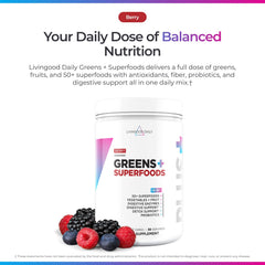Livingood Daily Greens in a glass with berry flavor for a smooth drink.