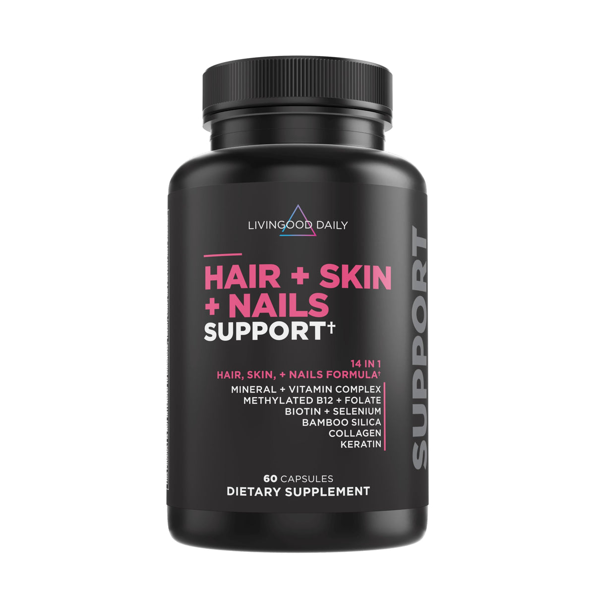 Livingood Daily bottle close-up highlighting the 14-in-1 formula for hair, skin, and nails.