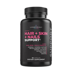 Livingood Daily bottle close-up highlighting the 14-in-1 formula for hair, skin, and nails.