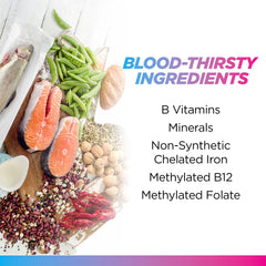 Livingood Daily iron supplement label close-up emphasizing vegan, non-GMO ingredients