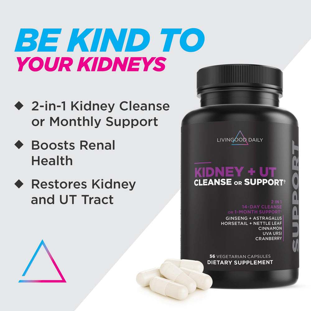 Livingood Daily Kidney Cleanse capsules close-up, plant-based actives for gentle daily urinary support.