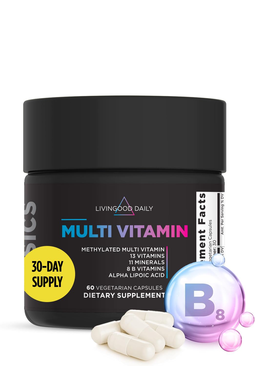 Livingood Daily methylated multivitamin bottle for energy support and daily wellness.