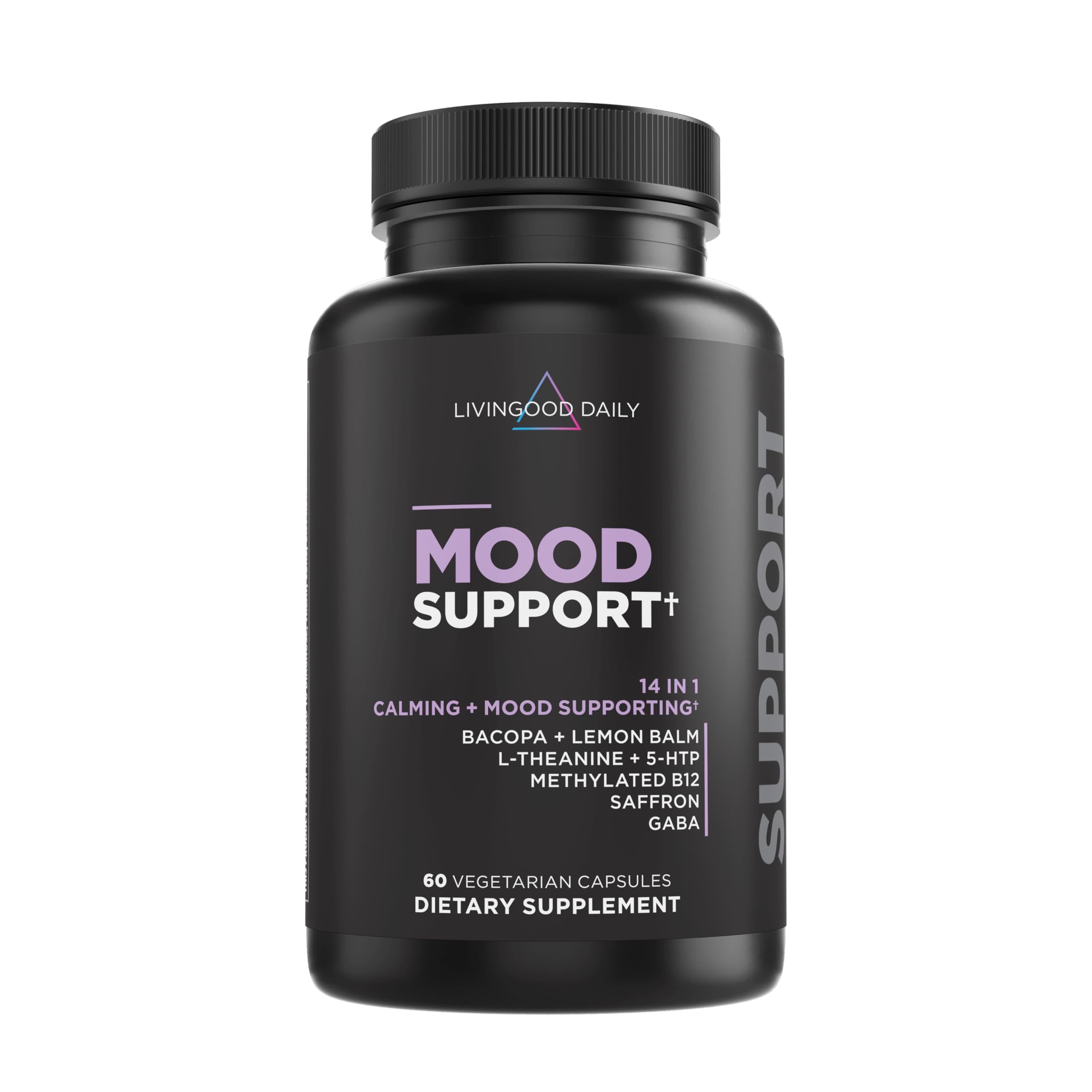 Livingood Daily Mood Support bottle showcases the 14‑in‑1 formula for daily calm and focus.