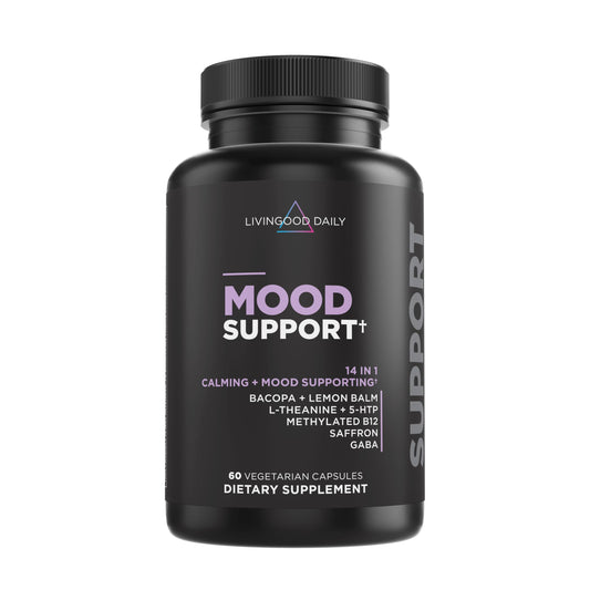 Livingood Daily Mood Support bottle showcases the 14‑in‑1 formula for daily calm and focus.