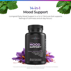 Livingood Daily Mood Support capsules closeup highlights B12 and GABA for energy and balance.