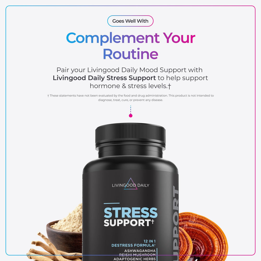 Livingood Daily Mood Support daily ritual on desk suggests steady concentration and stress resilience.