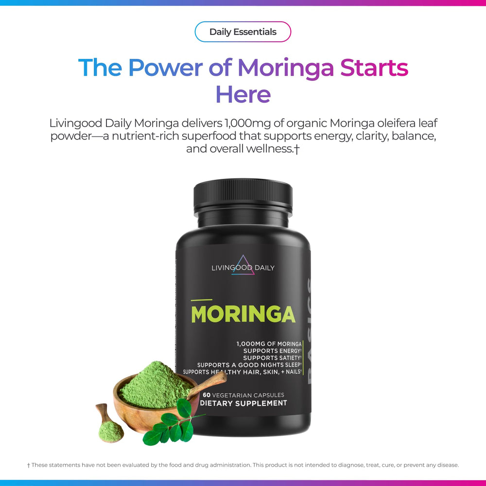 Close-up of Livingood Daily Moringa capsules highlighting convenient daily energy routine