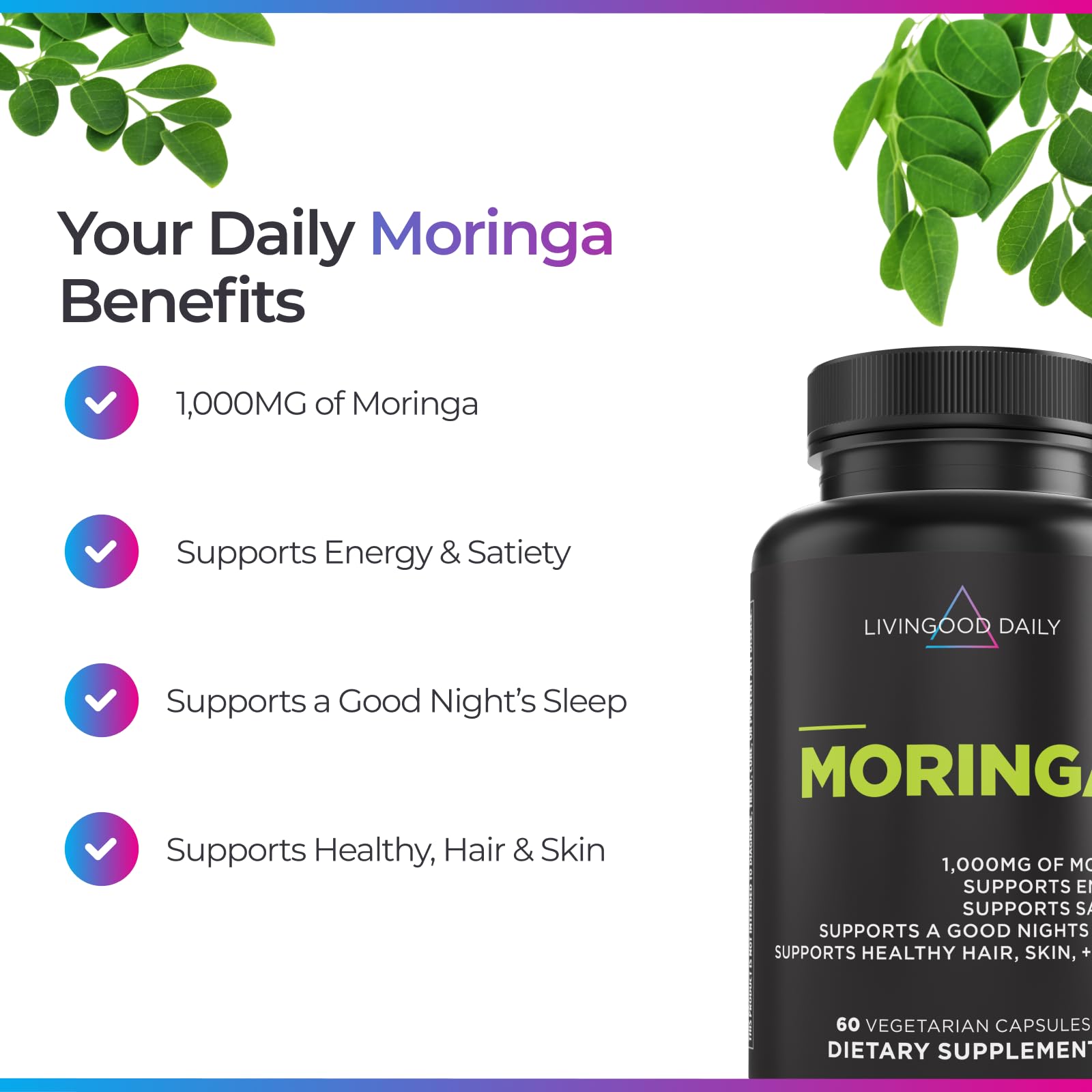 Livingood Daily Moringa ingredients panel showing 1,000 mg per serving