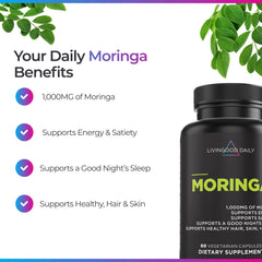 Livingood Daily Moringa ingredients panel showing 1,000 mg per serving