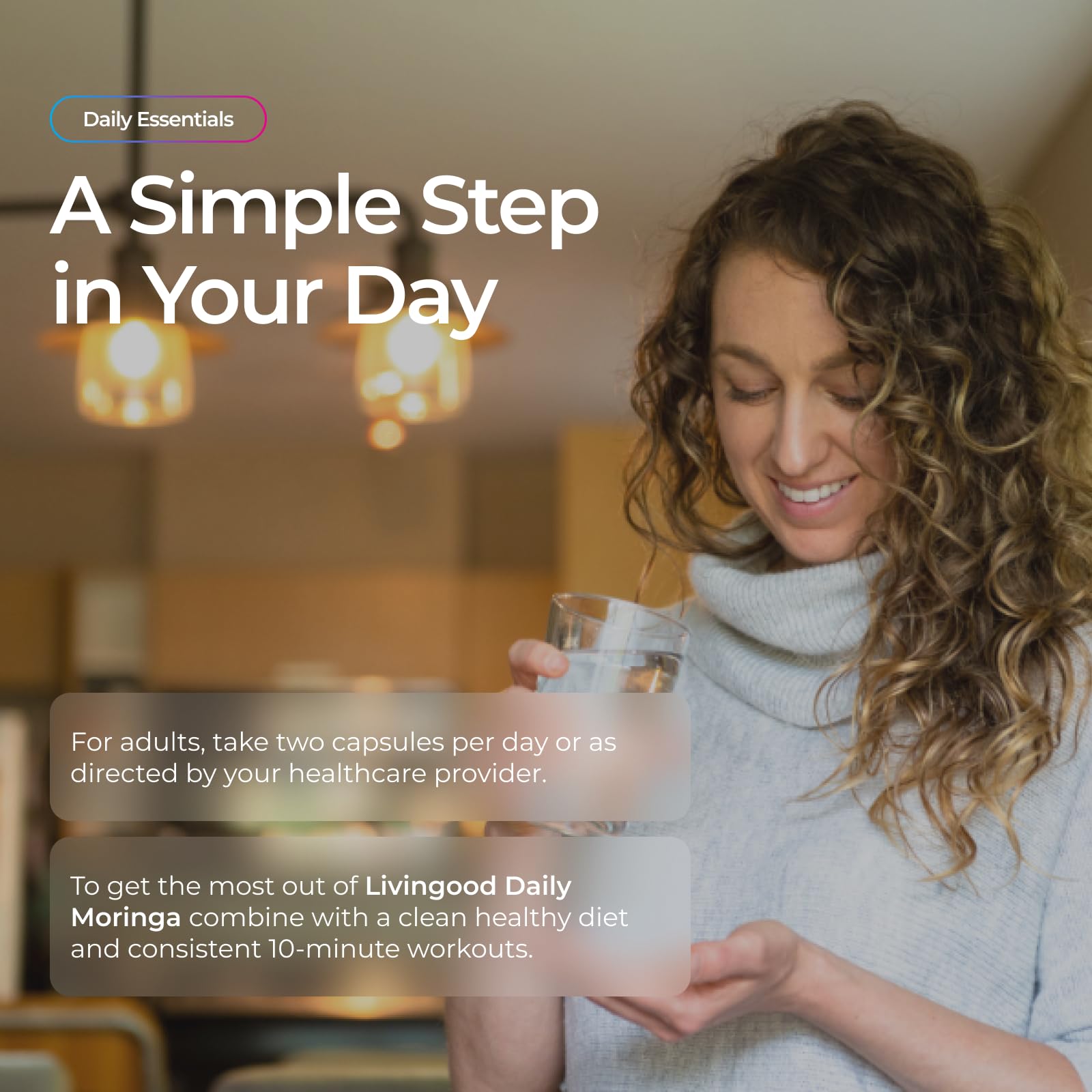 Livingood Daily Moringa packaging label communicates clean, vegan, gluten-free nutrition