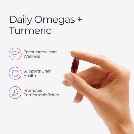 Closeup of Livingood Daily softgels highlighting triglyceride oils and turmeric for better absorption.