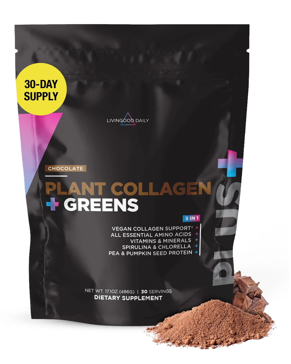 Livingood Daily Plant Collagen + Greens Powder chocolate bottle, daily wellness with vegan greens.