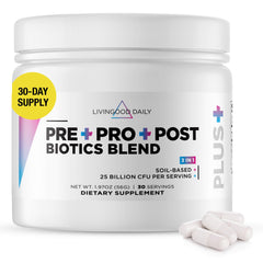 Livingood Daily bottle showing 3-in-1 pre pro post blend for daily gut support