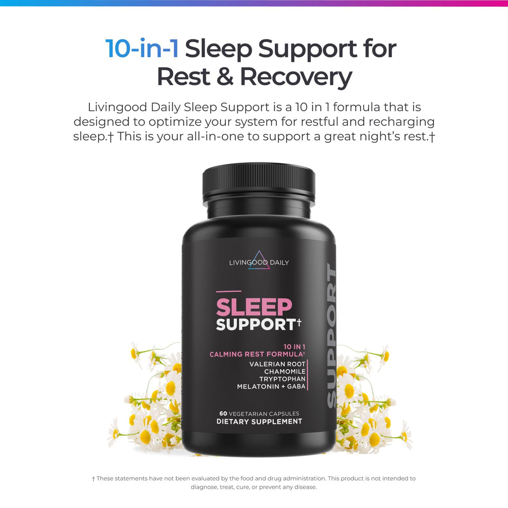 Livingood Daily Sleep Support capsules closeup highlighting vegetarian formula