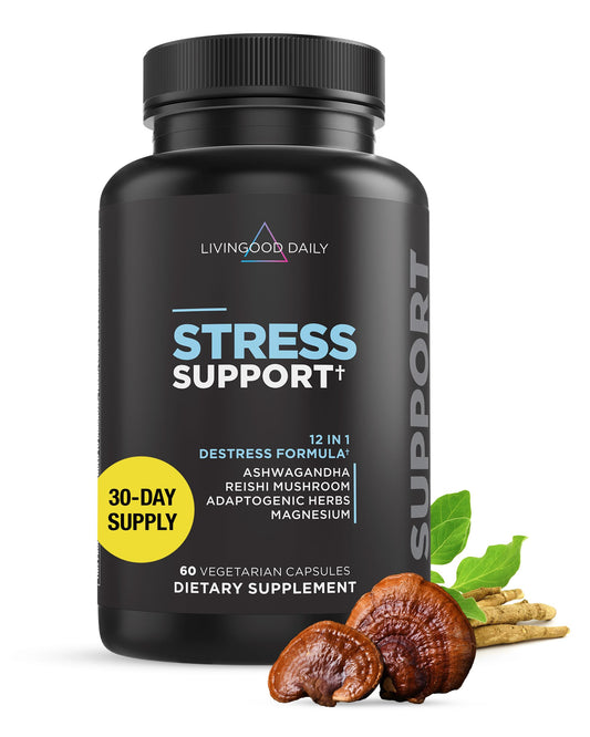 Livingood Daily Stress Support bottle and capsules promoting calm and focus
