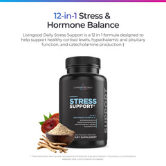 Livingood Daily Stress Support label highlights Ashwagandha and Reishi for adaptogenic potential