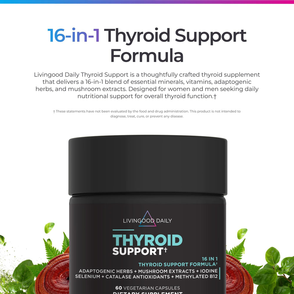 Livingood Daily Thyroid Support capsules closeup showing vegetarian capsules for gentle daily nutrition