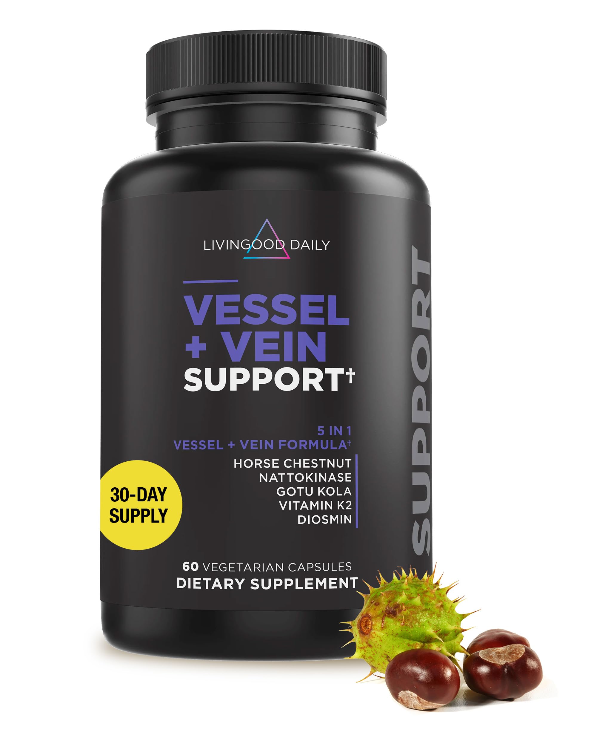 Livingood Daily Vessel & Vein Support bottle in focus for healthier circulation.