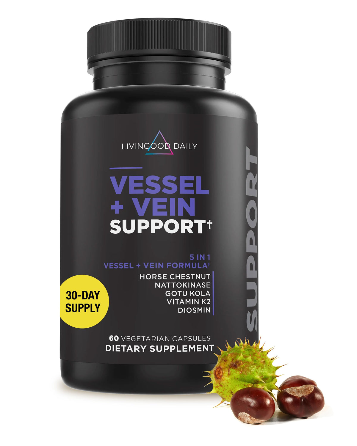 Livingood Daily Vessel & Vein Support bottle in focus for healthier circulation.