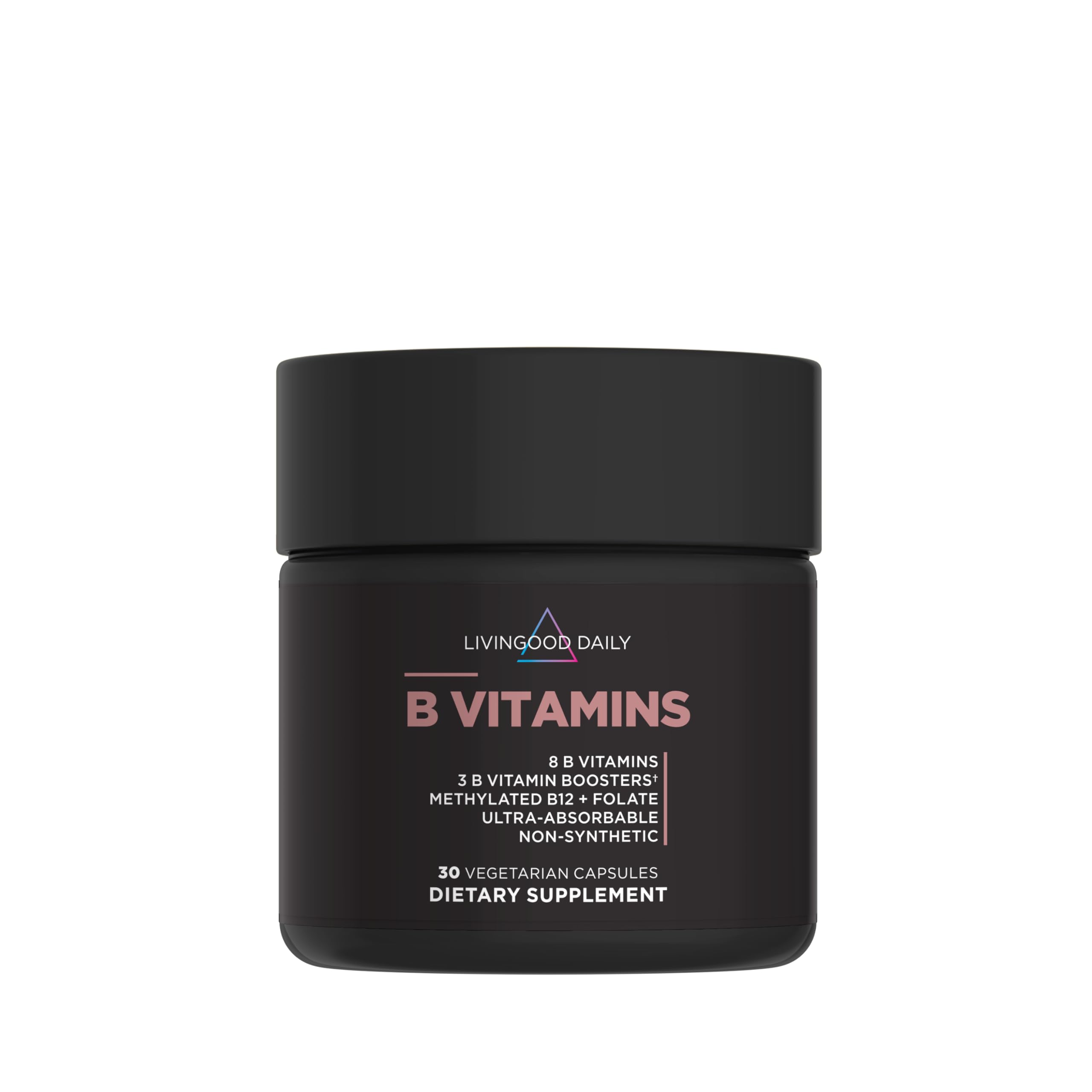 Livingood Daily Vitamin B Complex bottle close-up shows gluten-free vegan formula.