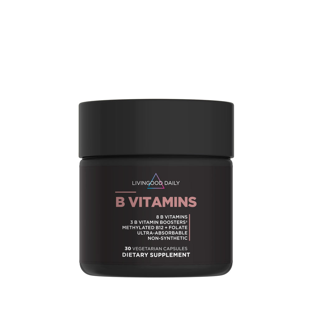 Livingood Daily Vitamin B Complex bottle close-up shows gluten-free vegan formula.