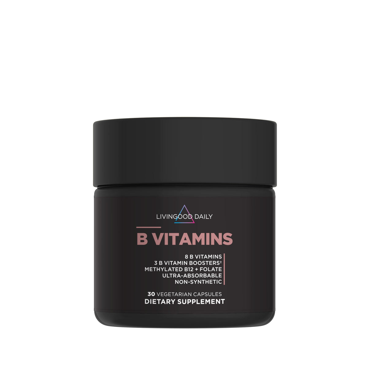 Livingood Daily Vitamin B Complex bottle close-up shows gluten-free vegan formula.