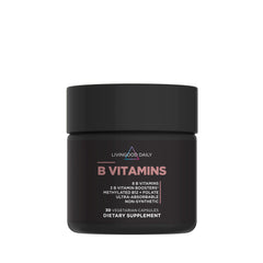 Livingood Daily Vitamin B Complex bottle close-up shows gluten-free vegan formula.