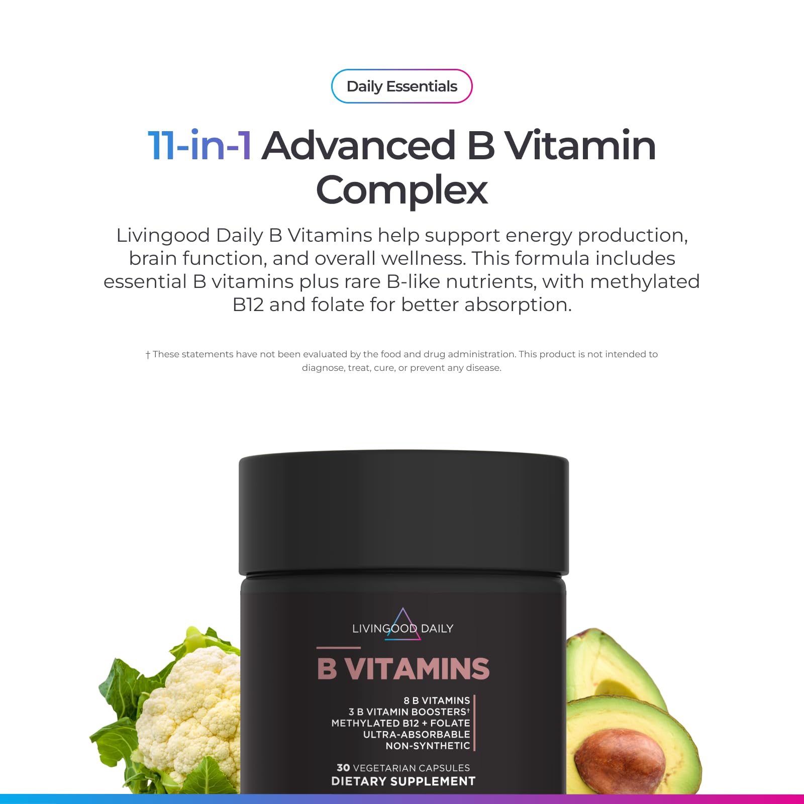 Livingood Daily Vitamin B Complex capsules ready for daily supplementation.