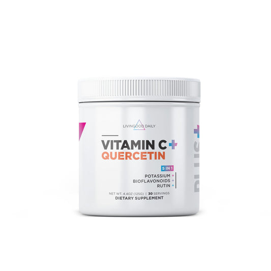 Livingood Daily vitamin C powder bottle with label for immune support and skin health.