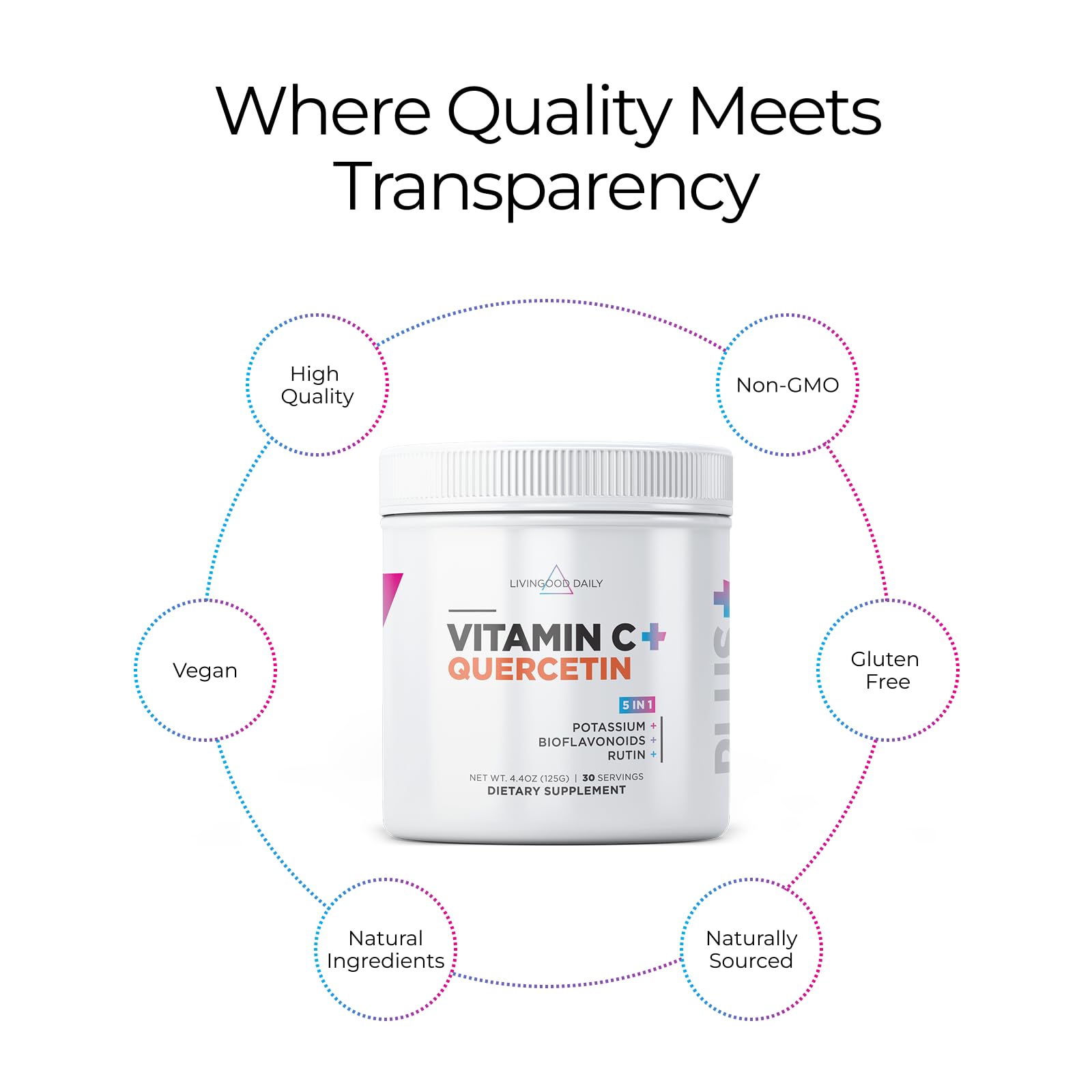 Livingood Daily vitamin C powder with quercetin and bioflavonoids on ingredient panel.