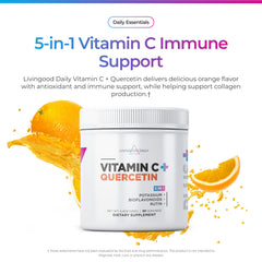 Livingood Daily vitamin C scoop beside bottle for easy daily use.