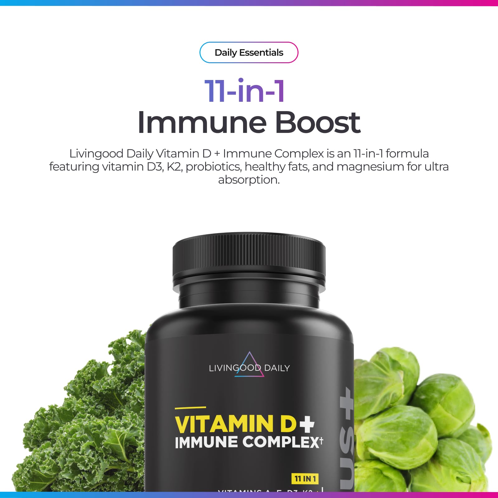 Livingood Daily label highlights high quality ingredients designed for enhanced absorption of fat soluble vitamins.