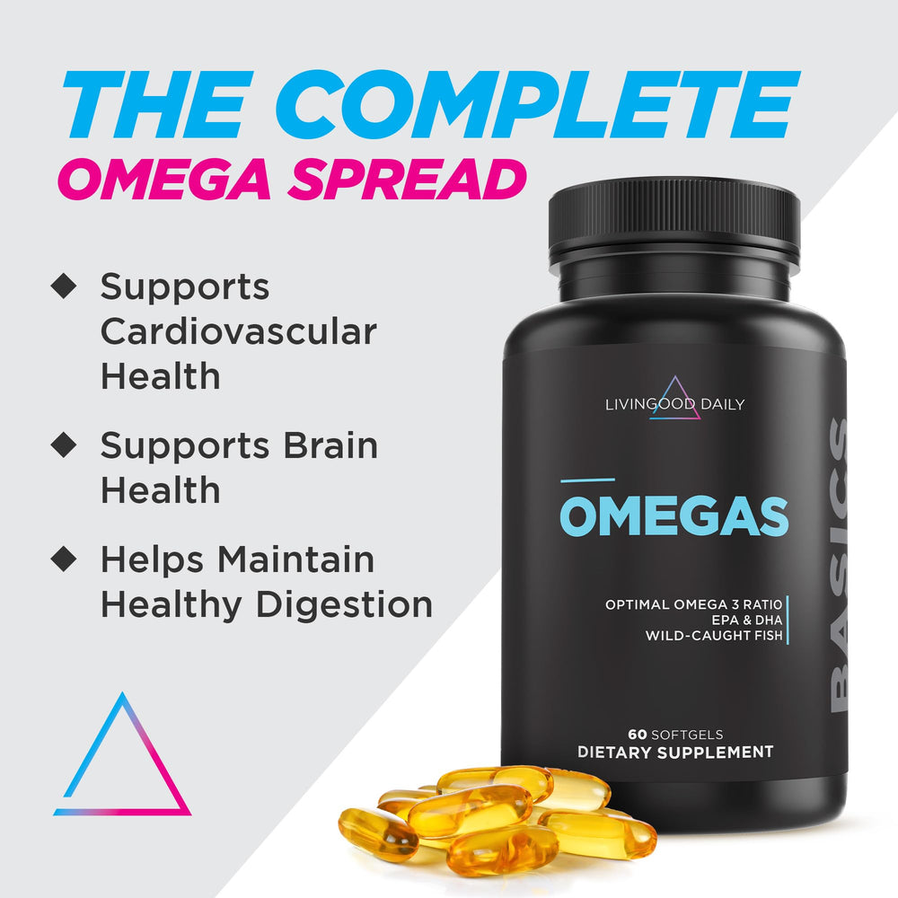 Livingood Daily wild-caught EPA and DHA softgels close-up highlight omega-3 source.