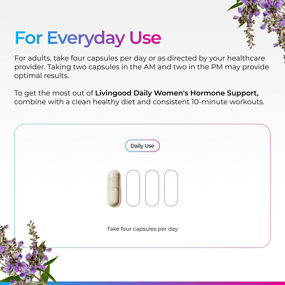 Livingood Daily Women’s Hormone Support bottle with glass of water indicates simple daily ritual.