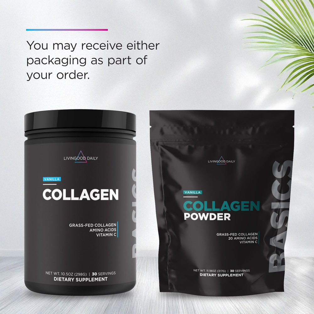 Livingood Daily collagen scoop showing serving size for daily protein support.