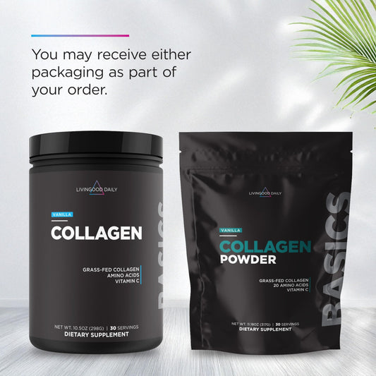 Livingood Daily collagen scoop showing serving size for daily protein support.