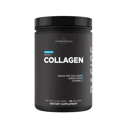 Livingood Daily vanilla collagen powder canister for everyday wellness and easy mixing.