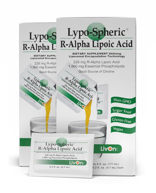 LivOn Lypo-Spheric R-ALA packet being poured into a glass for convenient use.