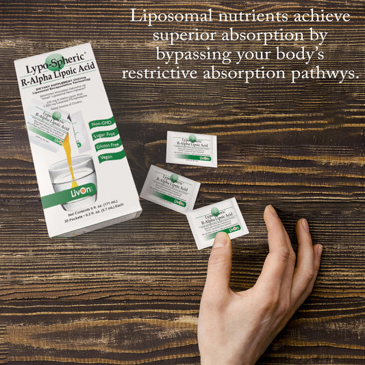 LivOn Lypo-Spheric R-ALA packet added to water for easy intake.