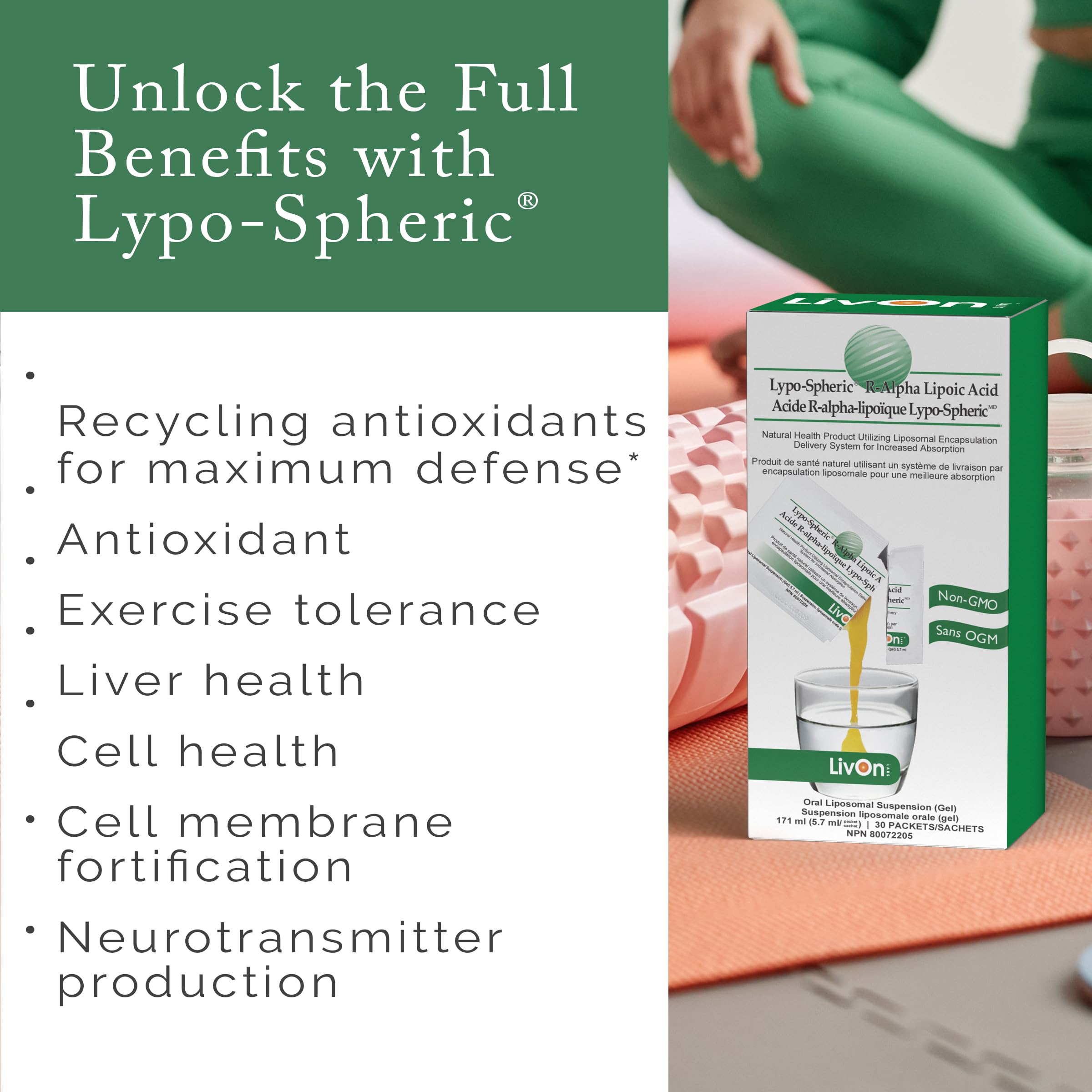 LivOn Lypo-Spheric R-ALA label view emphasizing vegan, non-GMO formula.