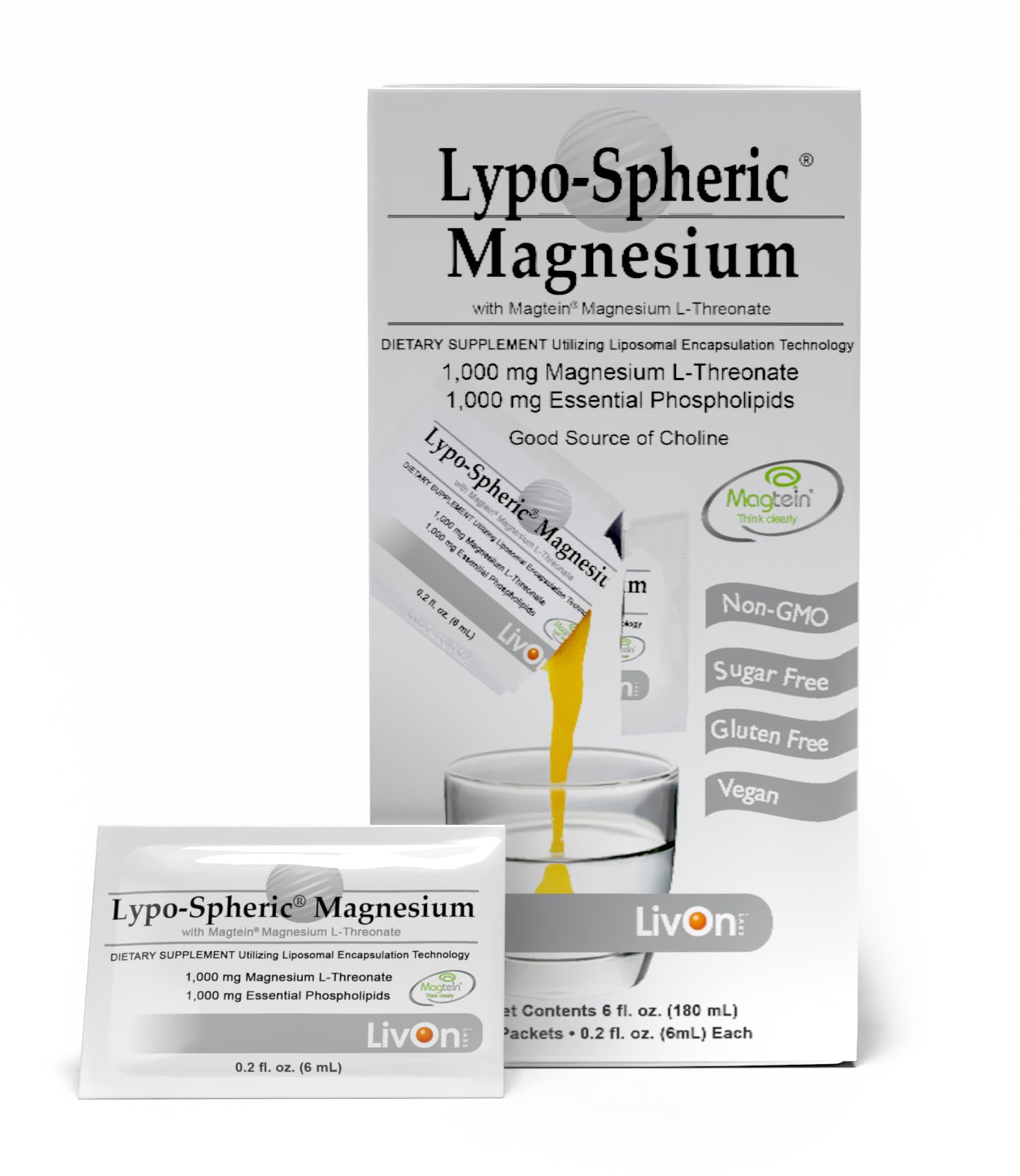 LivOn Magnesium L-Threonate box and packets on a clean surface for convenient dosing.