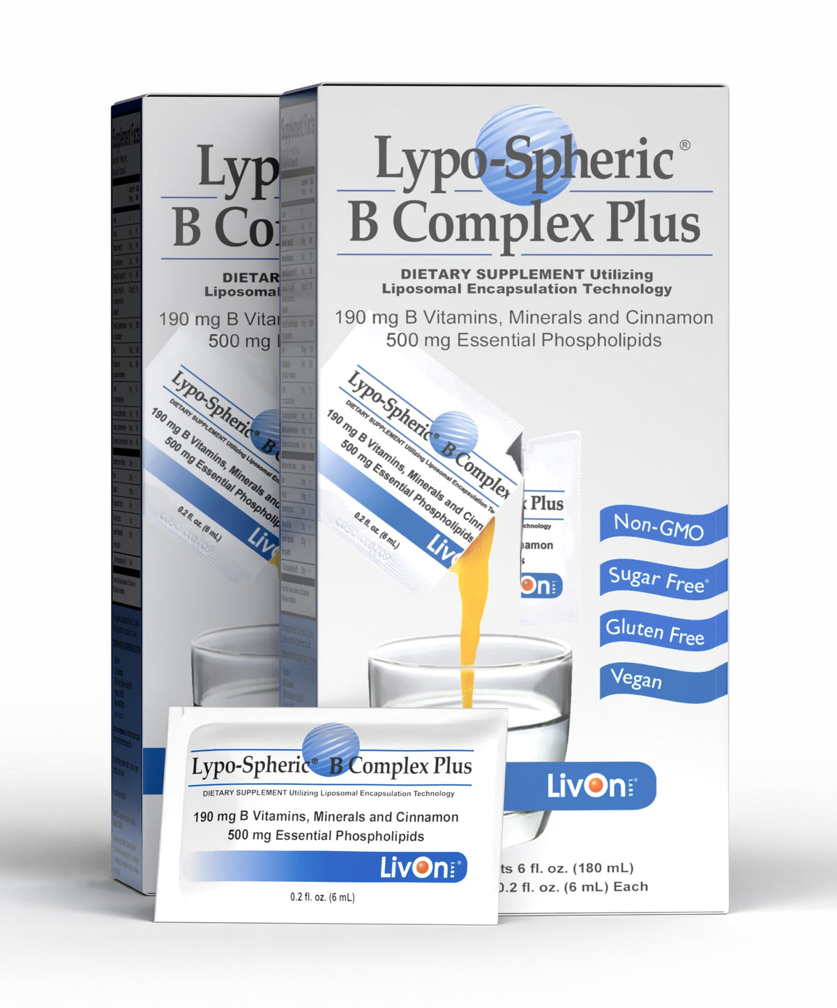 LivOn Lypo-Spheric B Complex Plus packets for on-the-go energy support